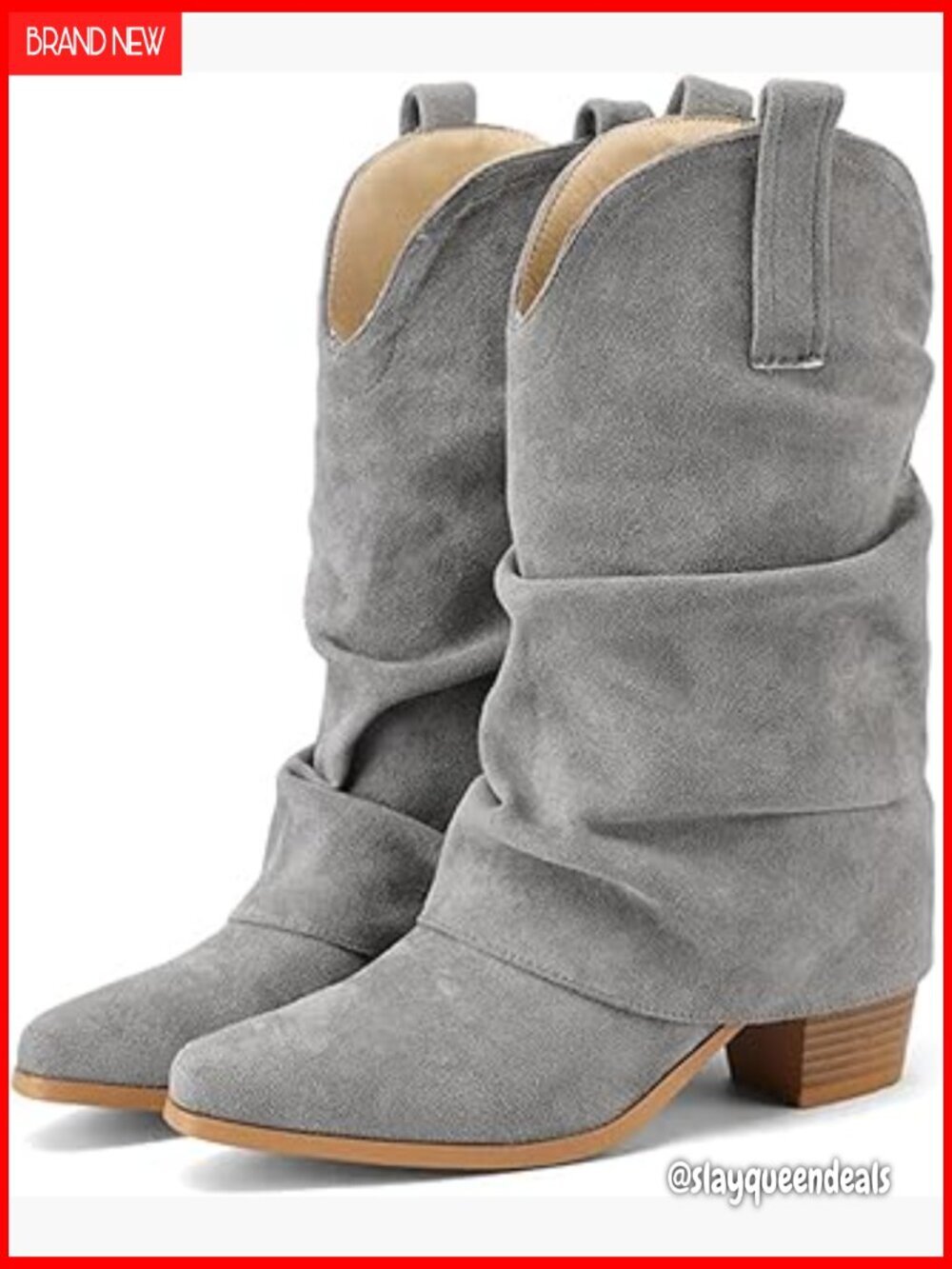 Women's Faux Suede Mid Calf Slouchy Boots Pointed Toe Chunky Heel Cowboy Booties